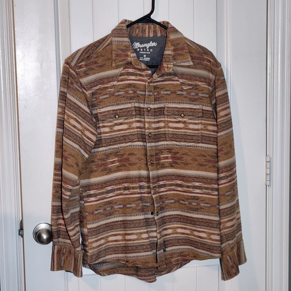 Wrangler Retro Premium Mens Medium Southwestern Western Snap Shirt Brown Tan